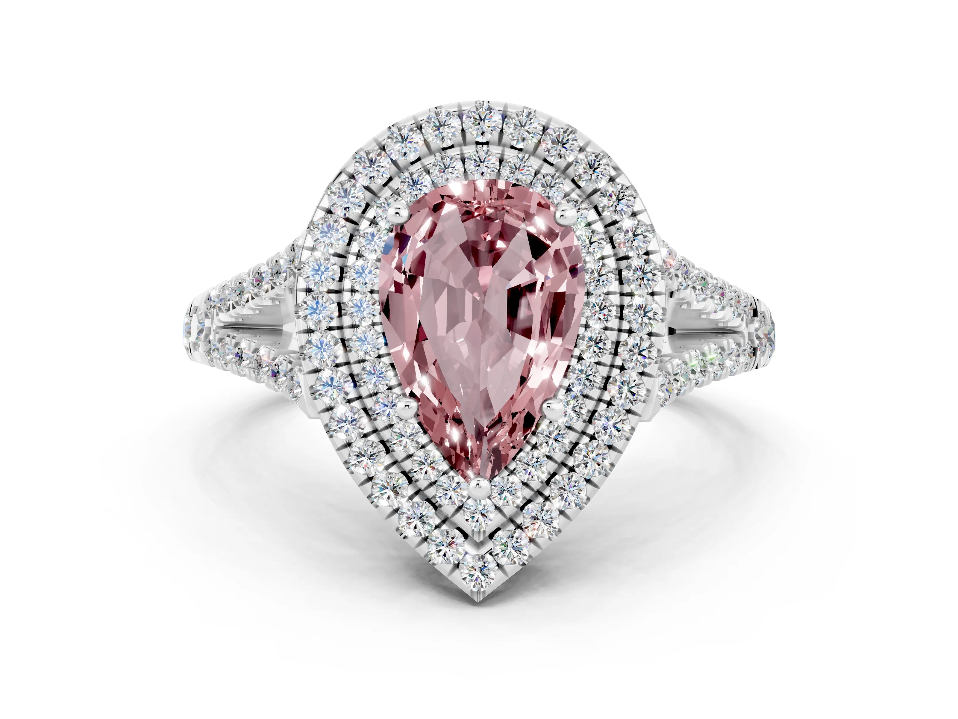 White gold Pear Cut Morganite Double Halo Ring with Pavé Band and Prong Setting_12