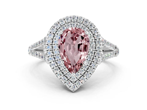 White gold Pear Cut Morganite Double Halo Ring with Pavé Band and Prong Setting_12