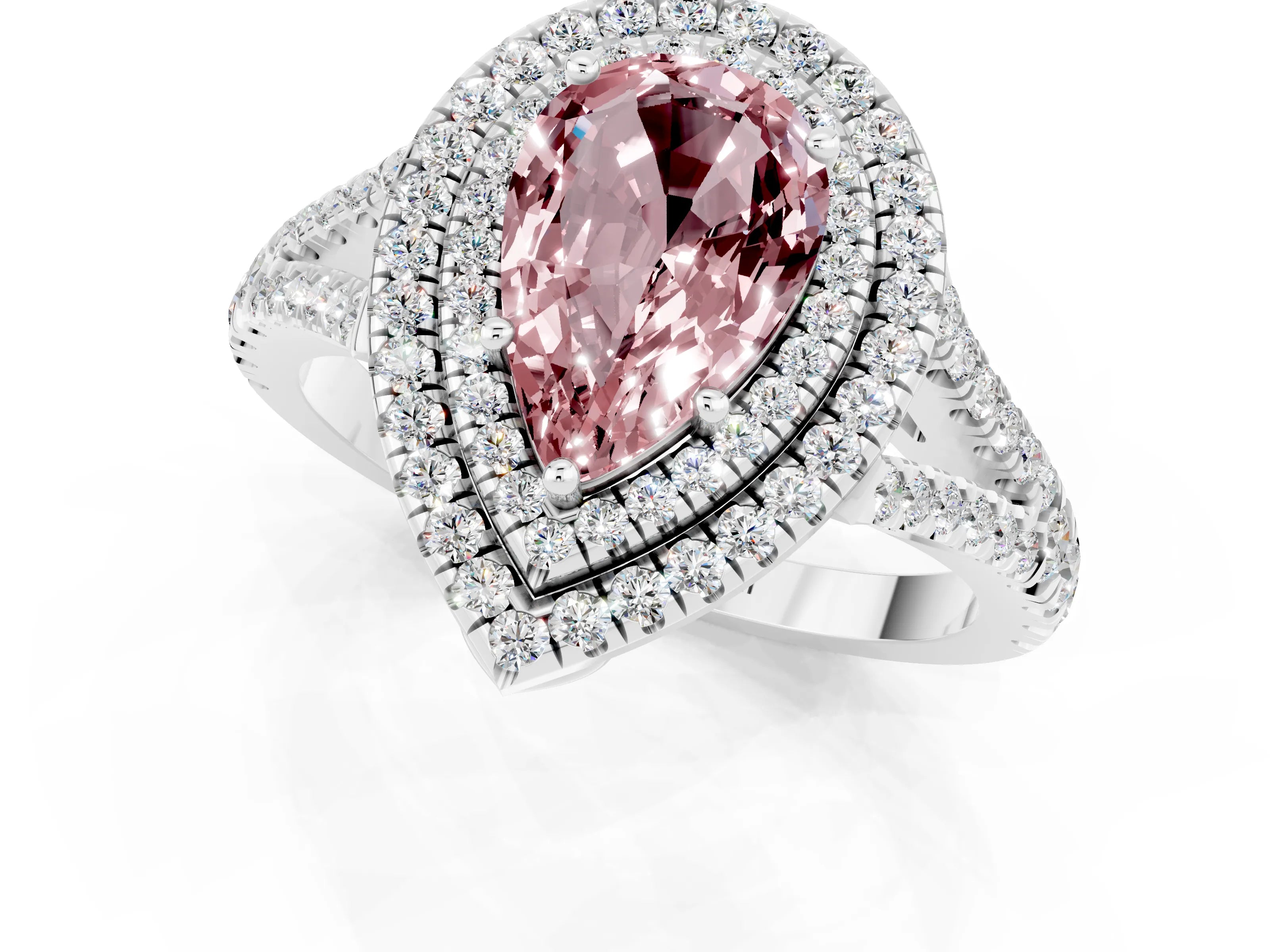 White gold Pear Cut Morganite Double Halo Ring with Pavé Band and Prong Setting_13