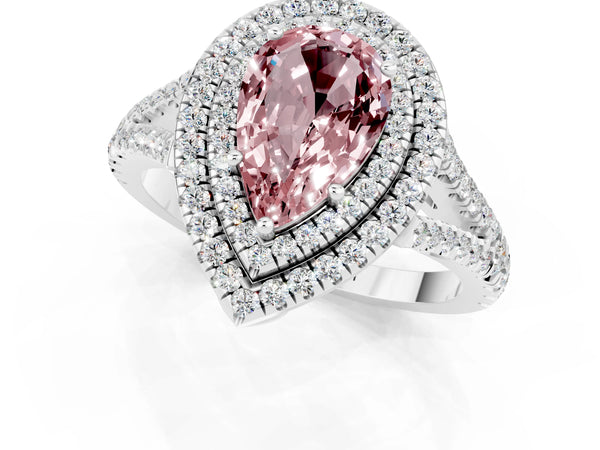 White gold Pear Cut Morganite Double Halo Ring with Pavé Band and Prong Setting