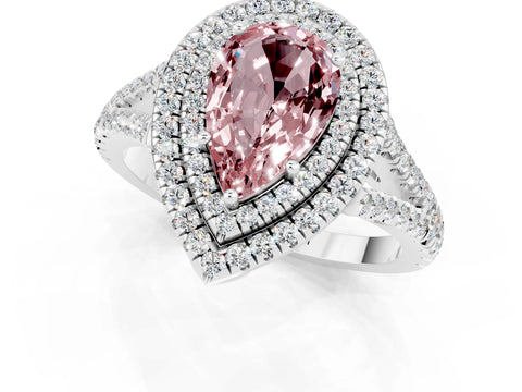 White gold Pear Cut Morganite Double Halo Ring with Pavé Band and Prong Setting_13