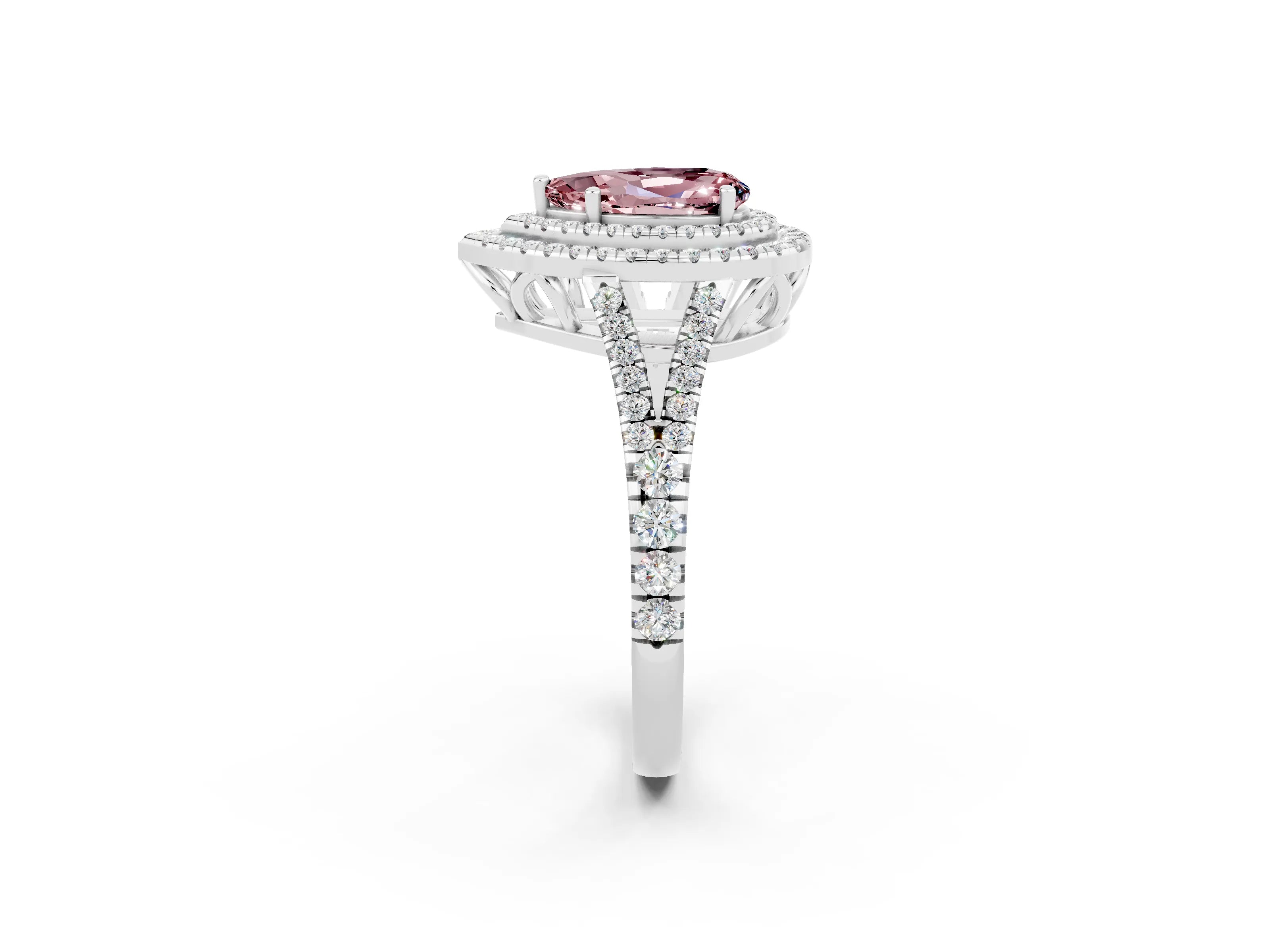 White gold Pear Cut Morganite Double Halo Ring with Pavé Band and Prong Setting_14