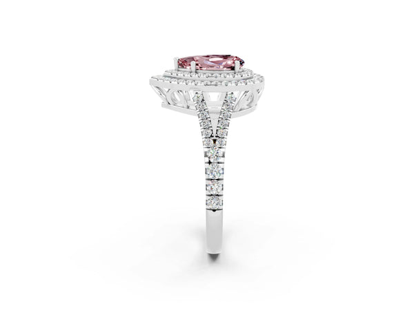 White gold Pear Cut Morganite Double Halo Ring with Pavé Band and Prong Setting