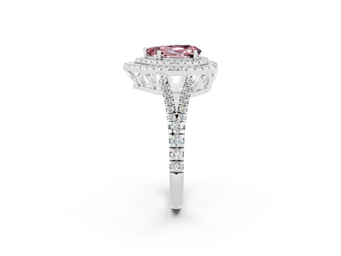 White gold Pear Cut Morganite Double Halo Ring with Pavé Band and Prong Setting_14