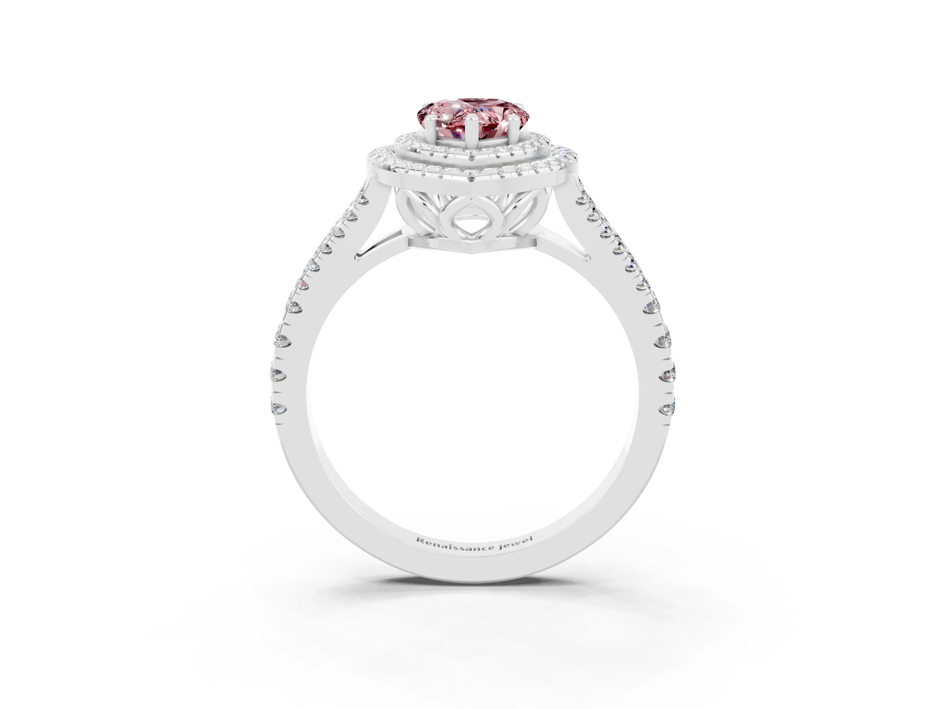 White gold Pear Cut Morganite Double Halo Ring with Pavé Band and Prong Setting_15
