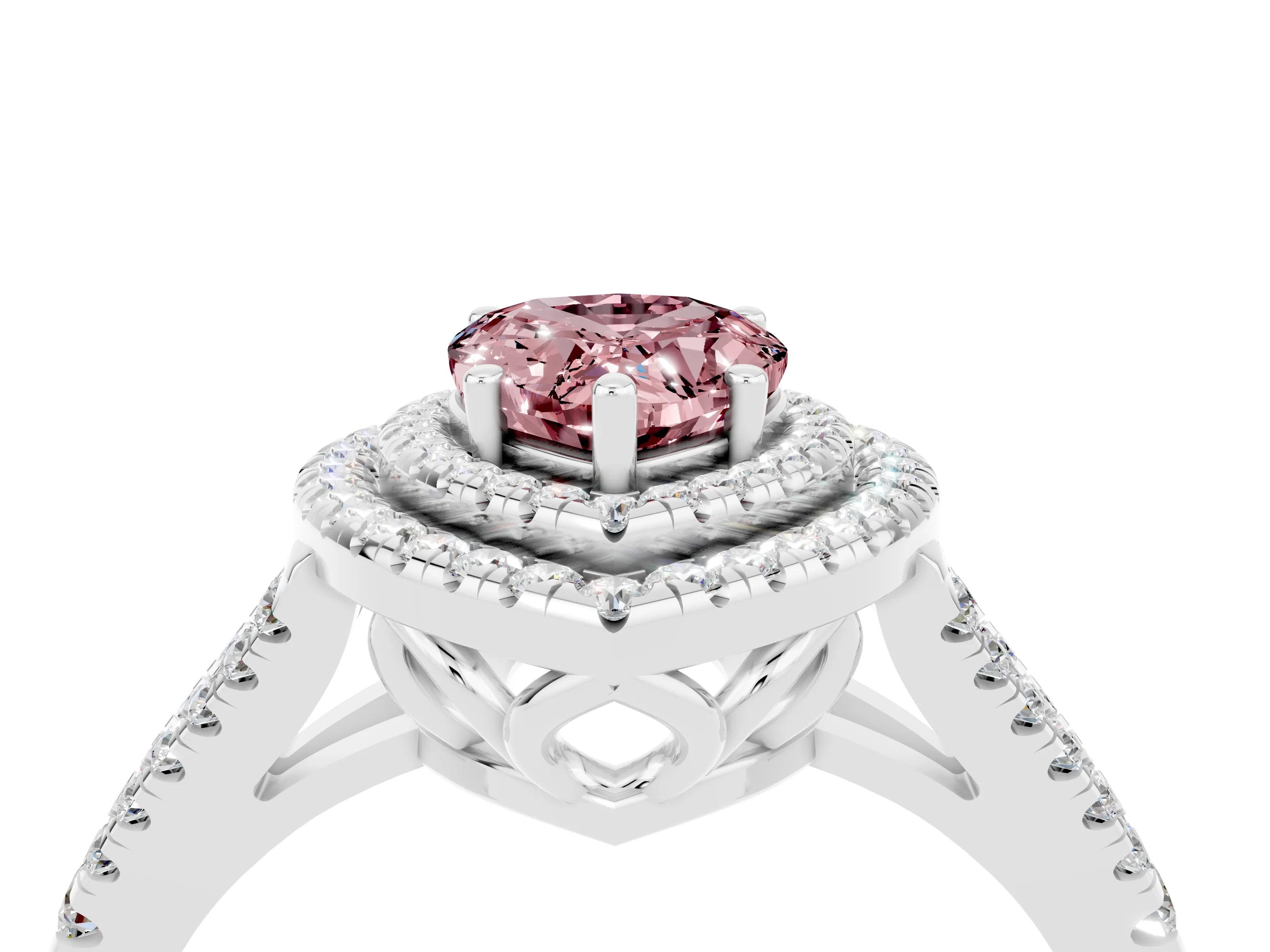 White gold Pear Cut Morganite Double Halo Ring with Pavé Band and Prong Setting_16