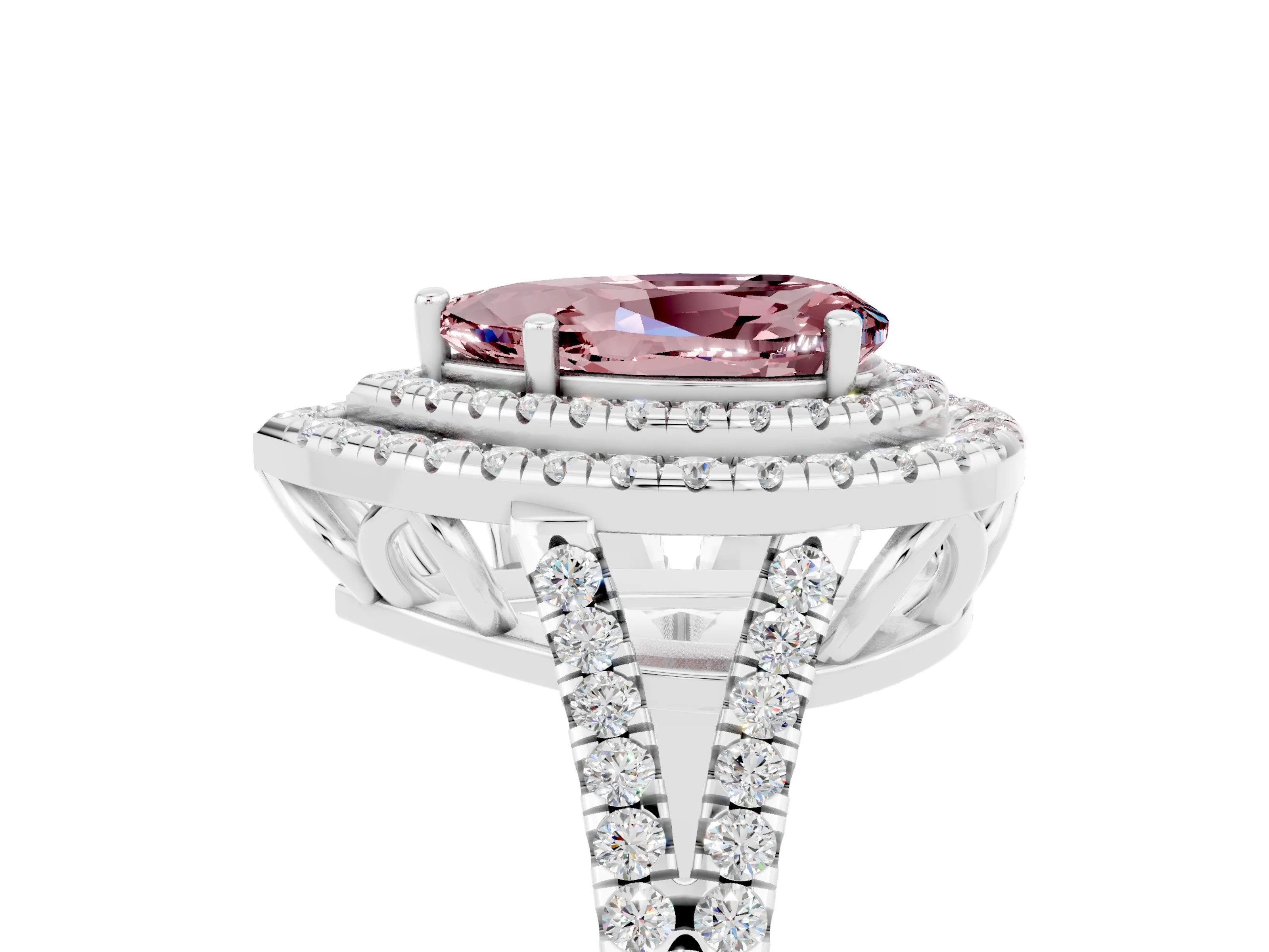 White gold Pear Cut Morganite Double Halo Ring with Pavé Band and Prong Setting_17