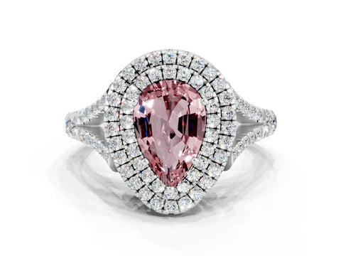 White gold Pear Cut Morganite Double Halo Ring with Split Shank and Prong Setting_12