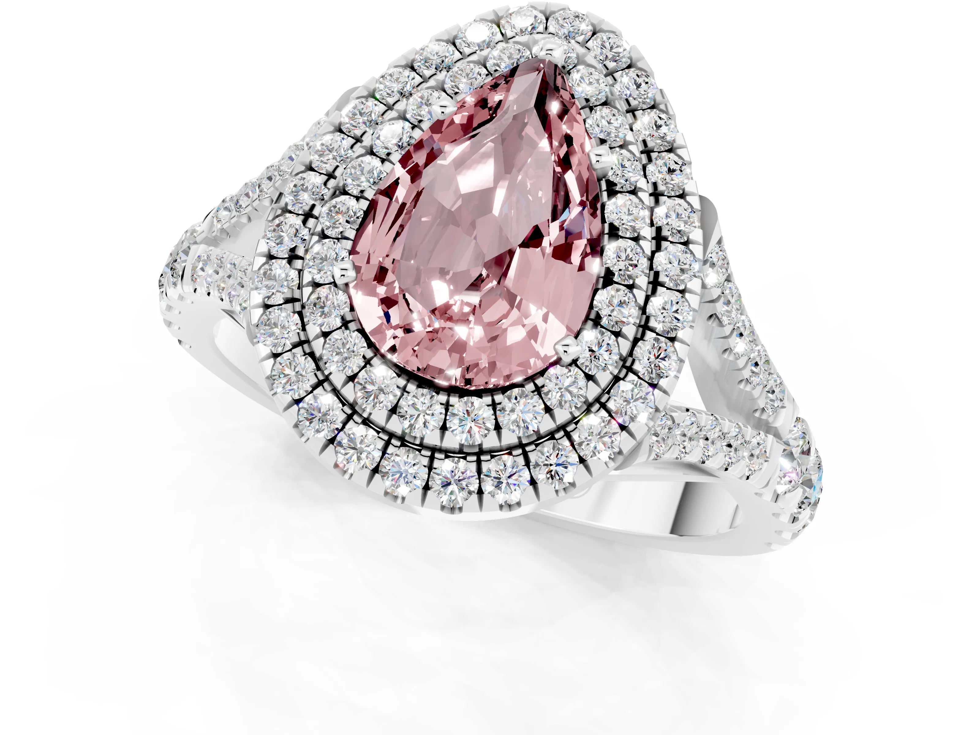 White gold Pear Cut Morganite Double Halo Ring with Split Shank and Prong Setting_13