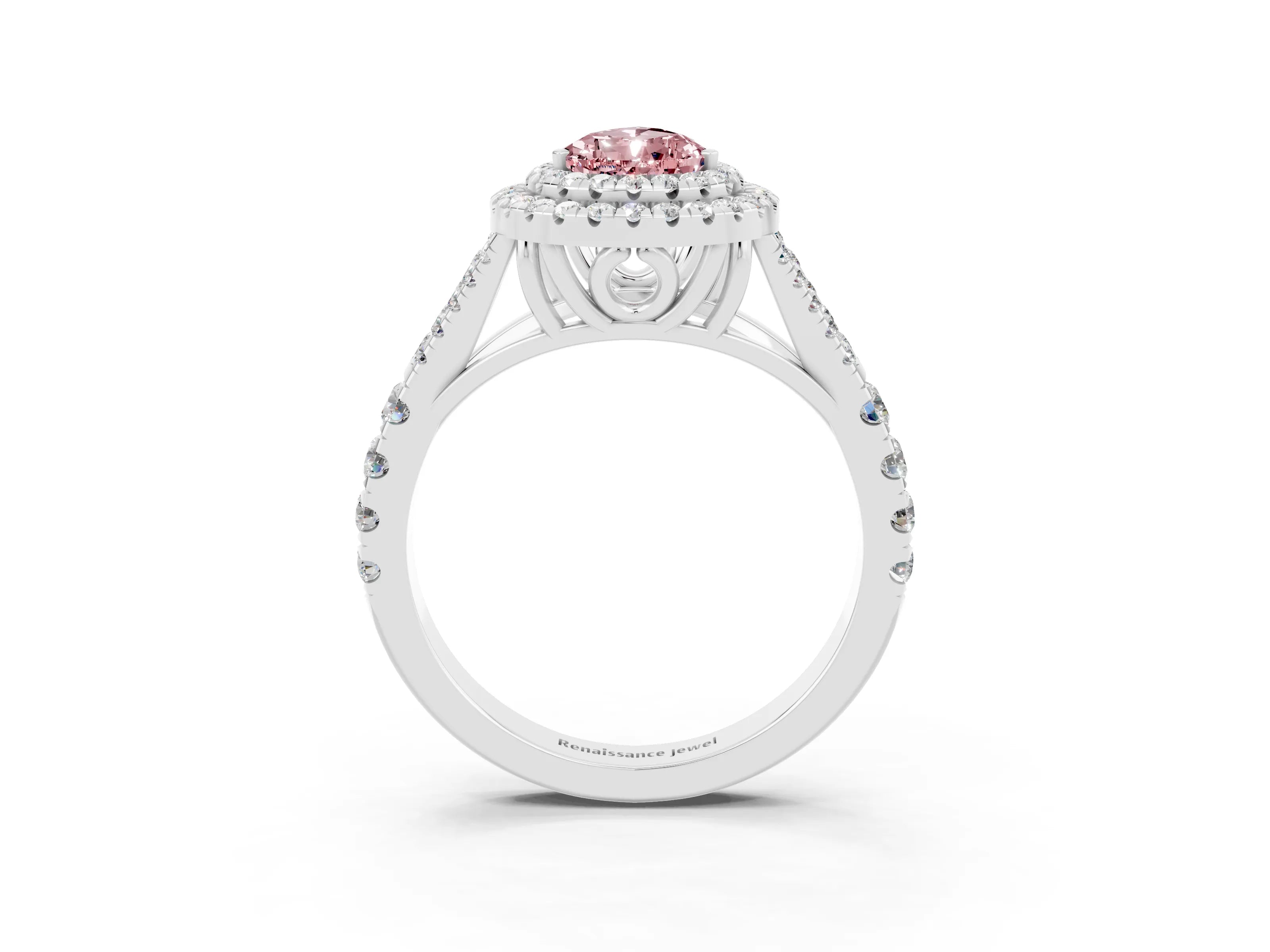 White gold Pear Cut Morganite Double Halo Ring with Split Shank and Prong Setting_15