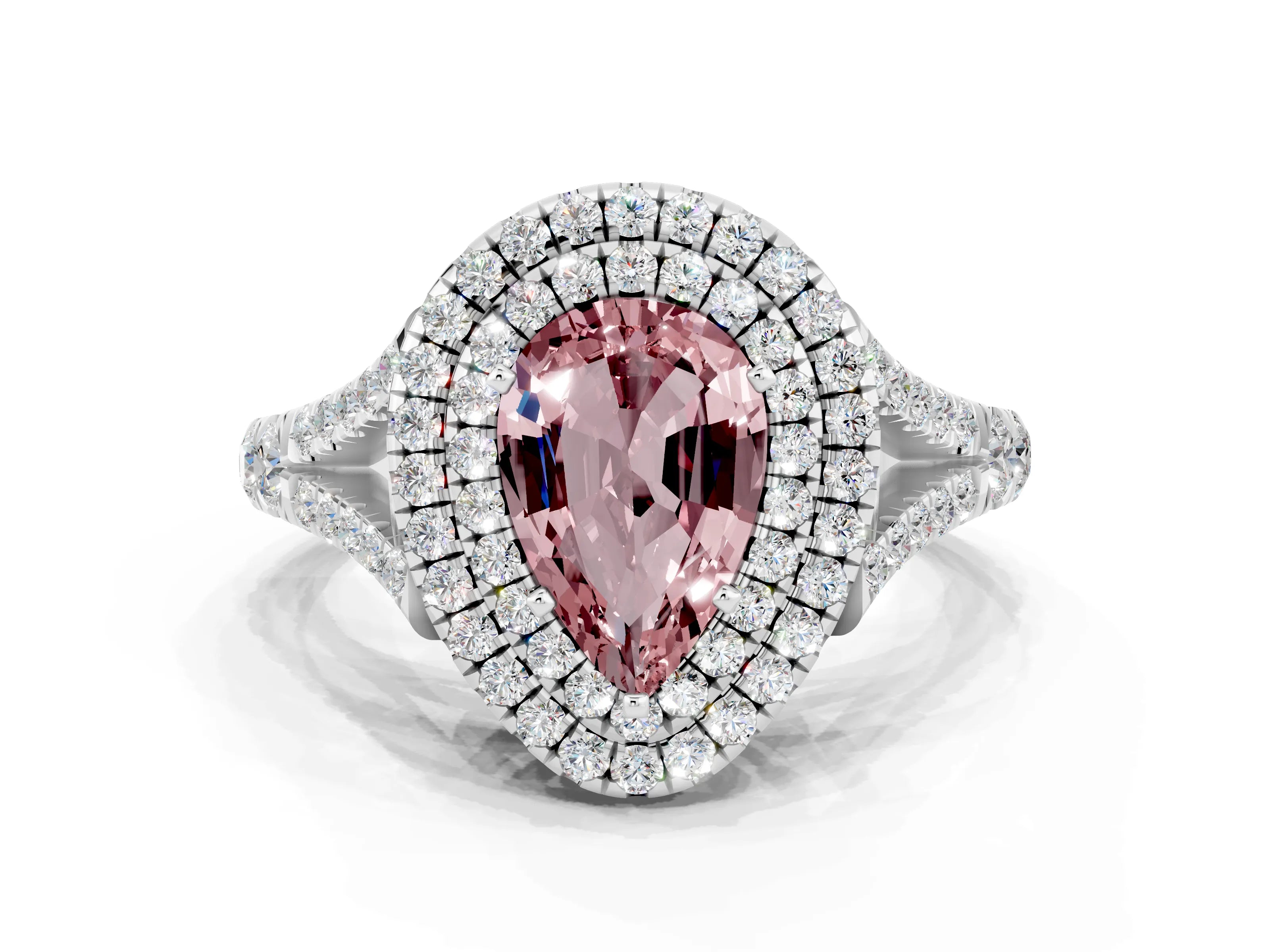 White gold Pear Cut Morganite Double Halo Ring with Split Shank and Prong Setting_24