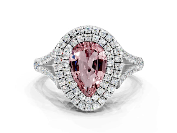 White gold Pear Cut Morganite Double Halo Ring with Split Shank and Prong Setting