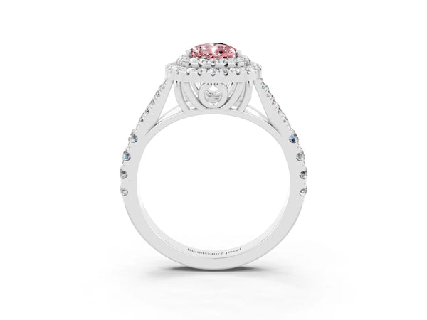 White gold Pear Cut Morganite Double Halo Ring with Split Shank and Prong Setting