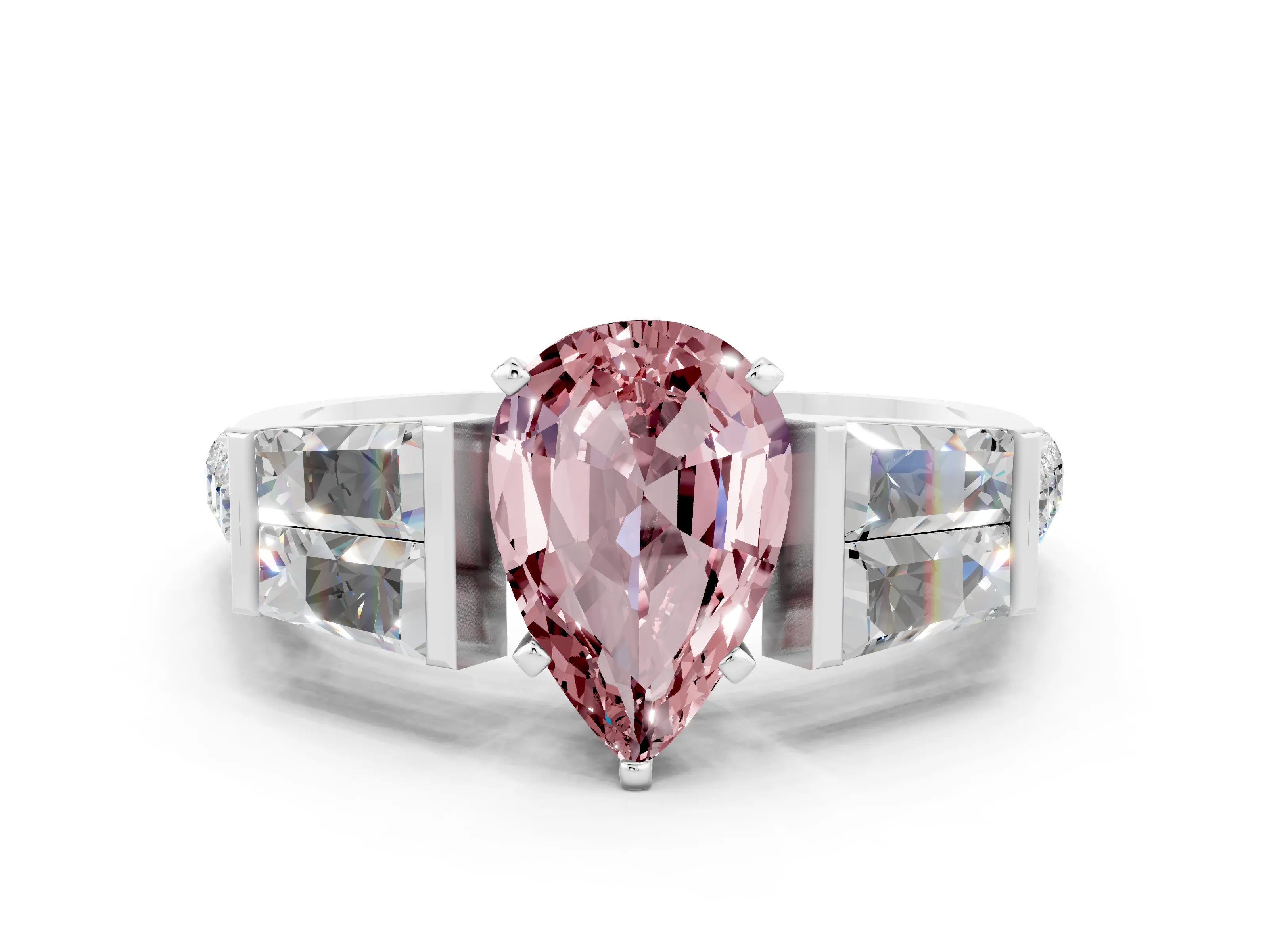 White gold Pear Cut Morganite Engagement Ring with Baguette Side Stones and Channel Set Band