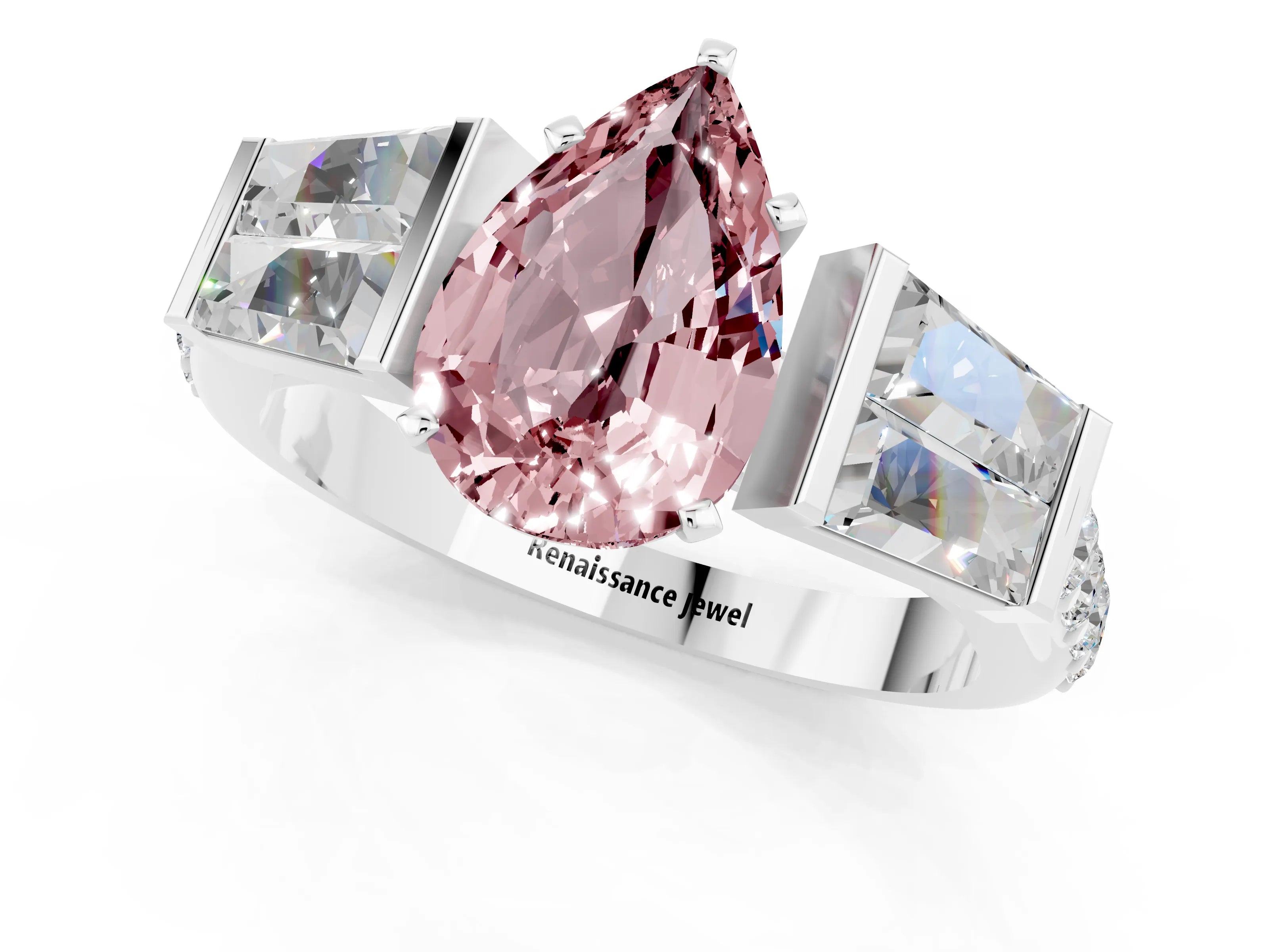White gold Pear Cut Morganite Engagement Ring with Baguette Side Stones and Channel Set Band_1