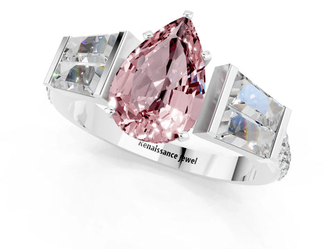 White gold Pear Cut Morganite Engagement Ring with Baguette Side Stones and Channel Set Band_1