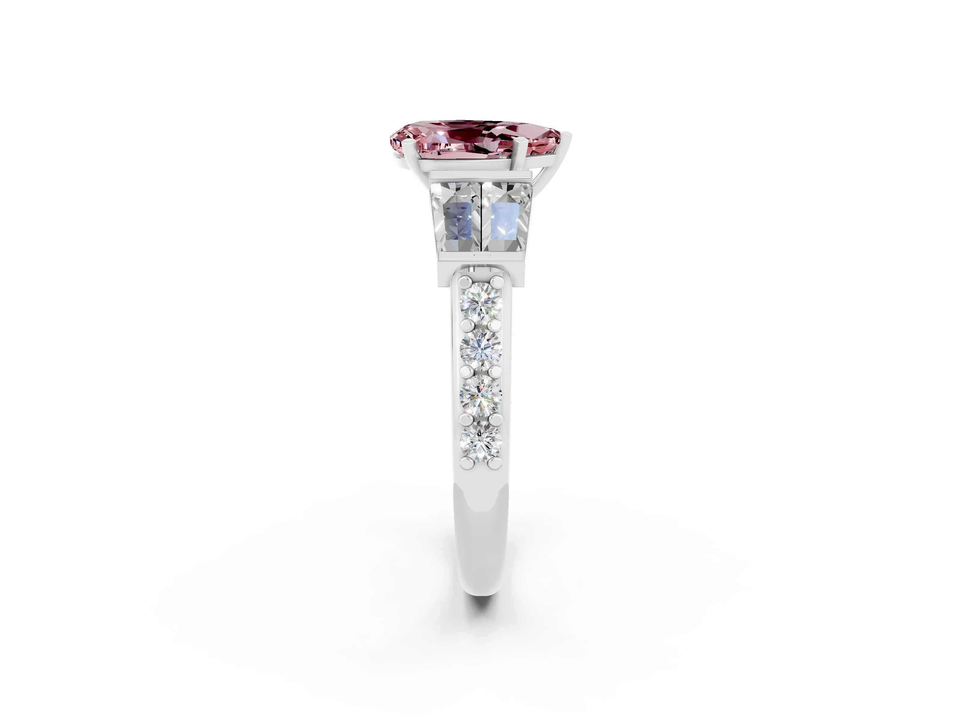 White gold Pear Cut Morganite Engagement Ring with Baguette Side Stones and Channel Set Band_2