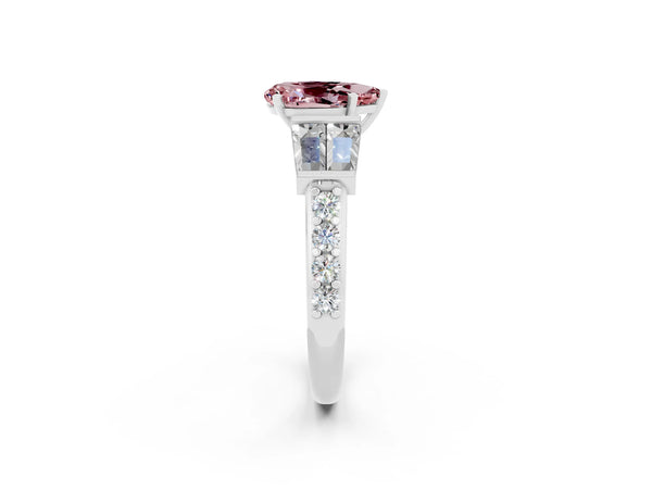 White gold Pear Cut Morganite Engagement Ring with Baguette Side Stones and Channel Set Band