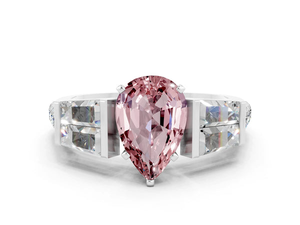 White gold Pear Cut Morganite Engagement Ring with Baguette Side Stones and Channel Set Band