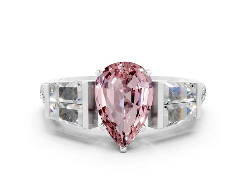 White gold Pear Cut Morganite Engagement Ring with Baguette Side Stones and Channel Set Band