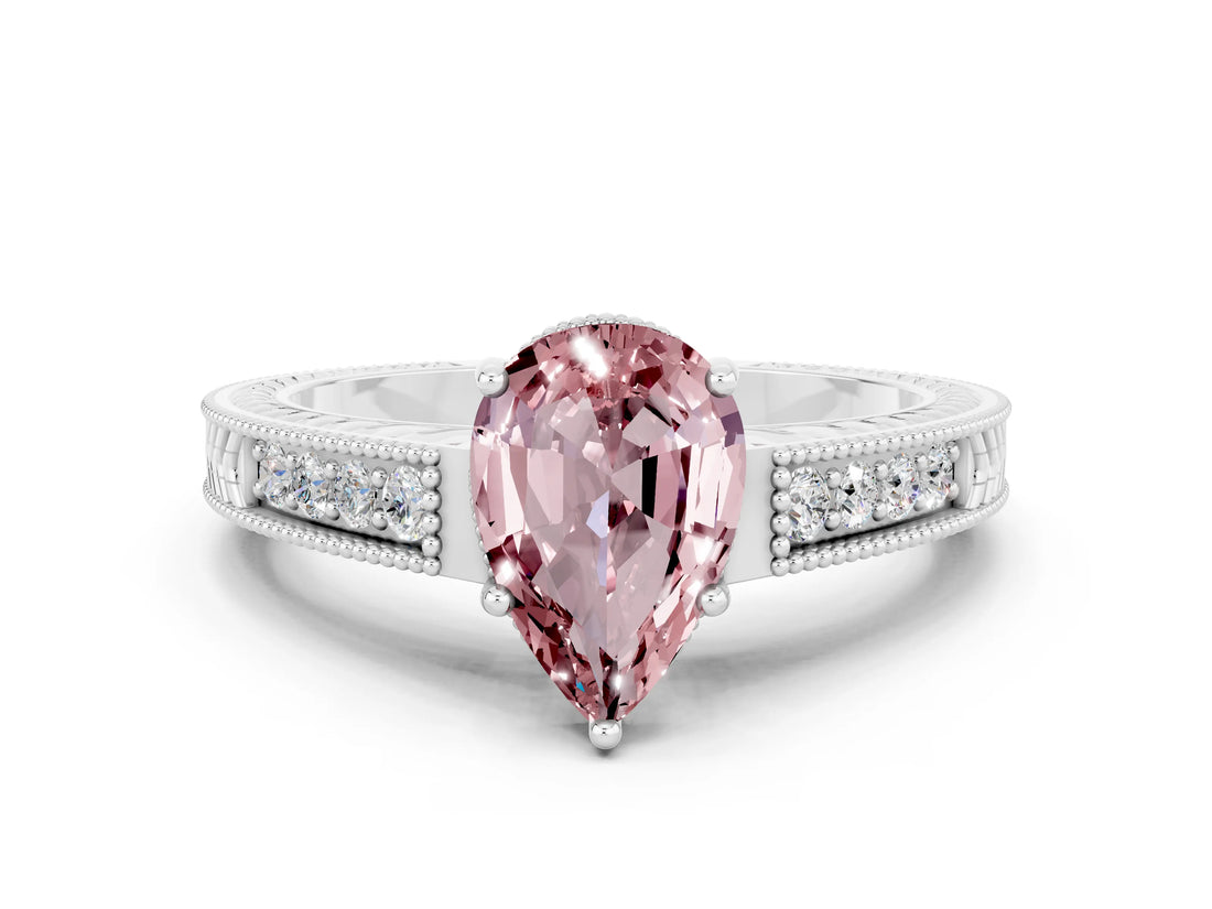 White gold Pear Cut Morganite Engagement Ring with Milgrain Channel Set Band and Prong Setting