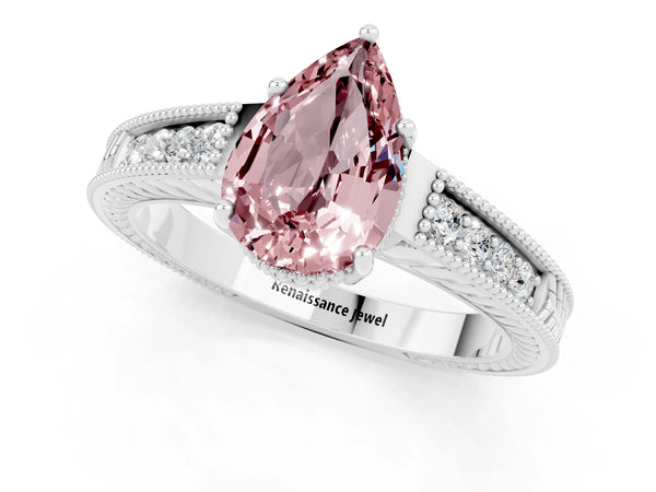 Silver Pear Cut Morganite Engagement Ring with Milgrain Channel Set Band and Prong Setting