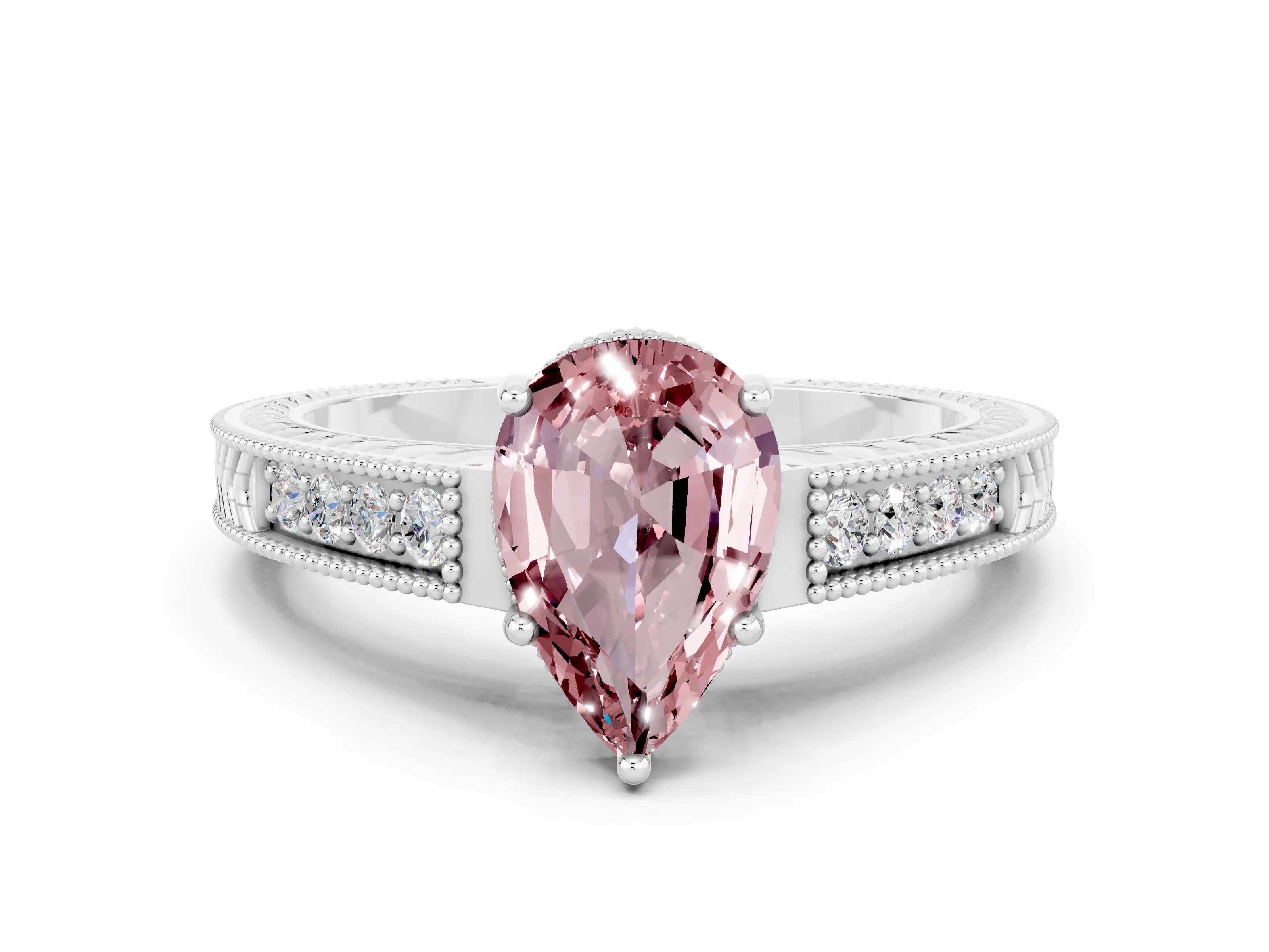 White gold Pear Cut Morganite Engagement Ring with Milgrain Channel Set Band and Prong Setting