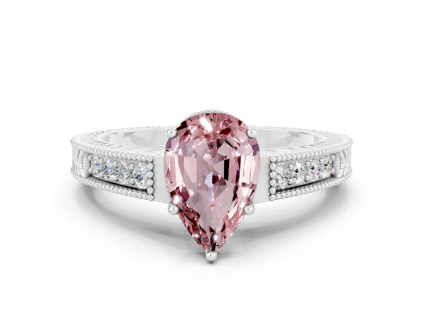 White gold Pear Cut Morganite Engagement Ring with Milgrain Channel Set Band and Prong Setting