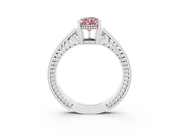 White gold Pear Cut Morganite Engagement Ring with Milgrain Channel Set Band and Prong Setting