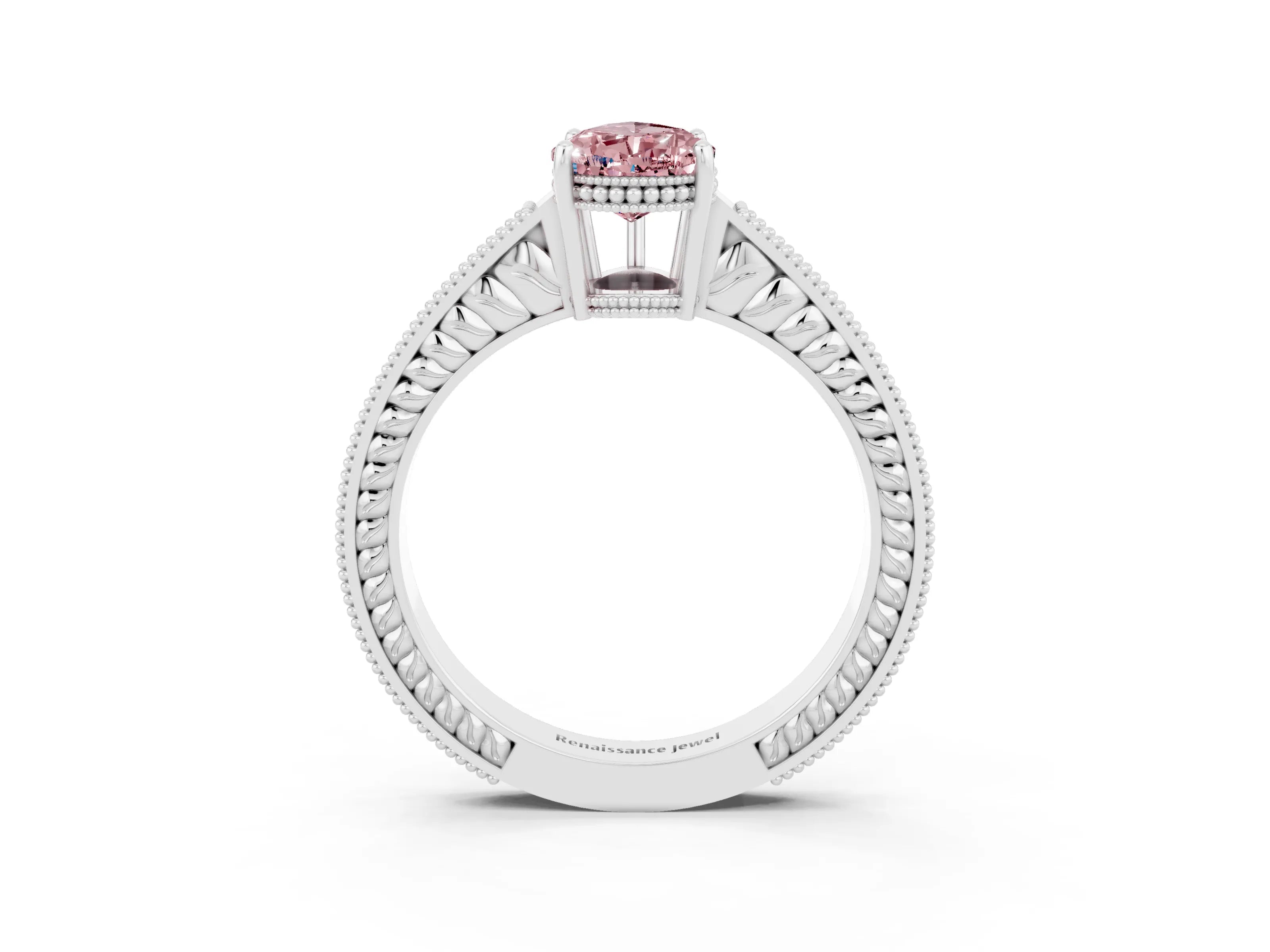 White gold Pear Cut Morganite Engagement Ring with Milgrain Channel Set Band and Prong Setting_3