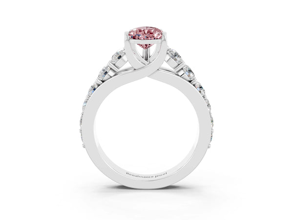White gold Pear Cut Morganite Engagement Ring with Pavé Band and Four-Prong Setting