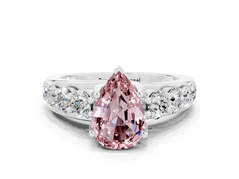 White gold Pear Cut Morganite Engagement Ring with Pavé Band and Four-Prong Setting