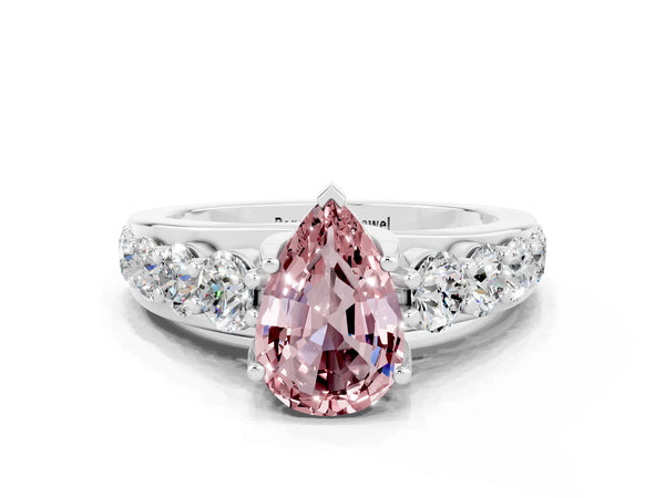 Silver Pear Cut Morganite Engagement Ring with Pavé Band and Four-Prong Setting