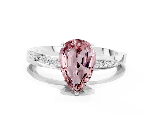 Silver Pear Cut Morganite Engagement Ring with Side Stone Accents and Four-Prong Setting
