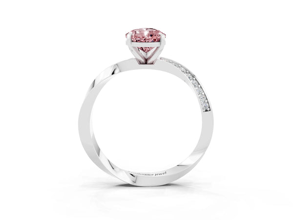 Silver Pear Cut Morganite Engagement Ring with Side Stone Accents and Four-Prong Setting