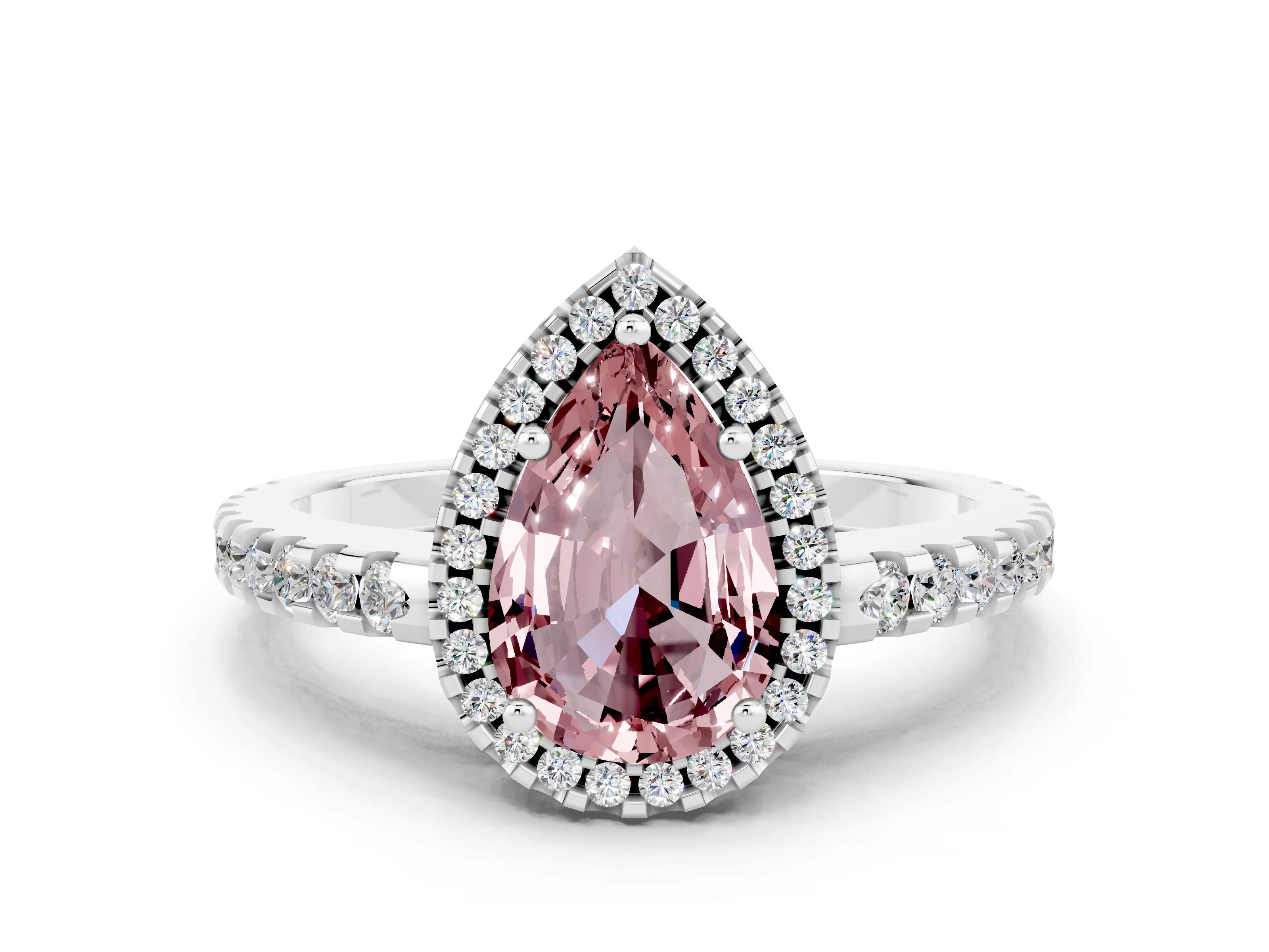 White gold Pear Cut Morganite Halo Engagement Ring with Pavé Band and Prong Setting_12