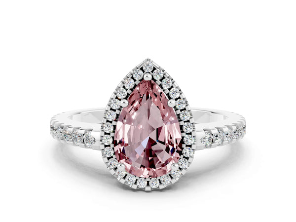 Silver Pear Cut Morganite Halo Engagement Ring with Pavé Band and Prong Setting