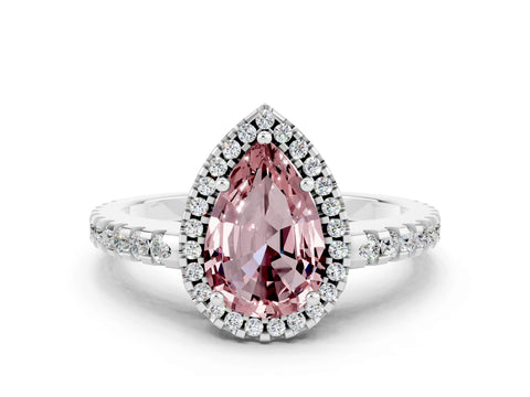 White gold Pear Cut Morganite Halo Engagement Ring with Pavé Band and Prong Setting_12