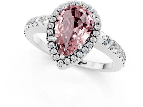 White gold Pear Cut Morganite Halo Engagement Ring with Pavé Band and Prong Setting_13