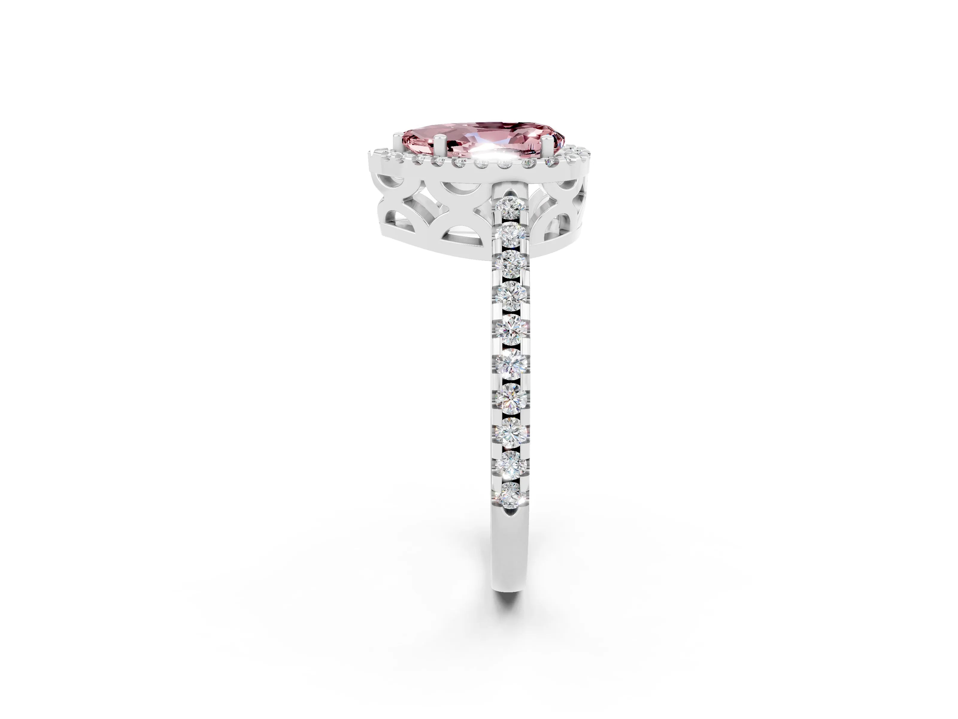 White gold Pear Cut Morganite Halo Engagement Ring with Pavé Band and Prong Setting_14