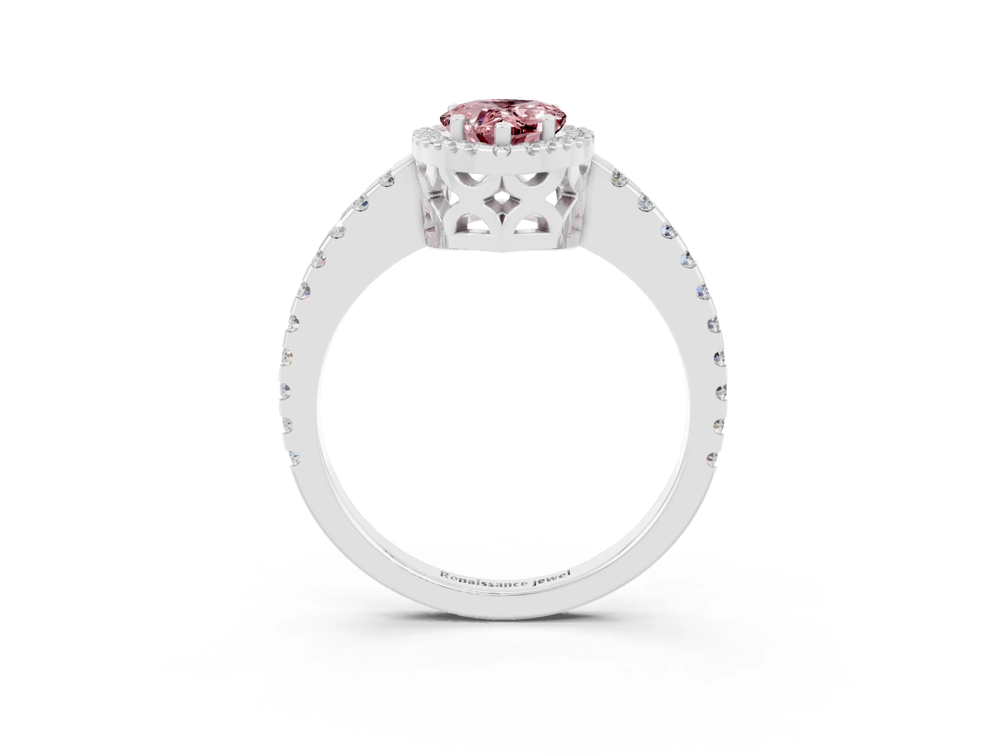 White gold Pear Cut Morganite Halo Engagement Ring with Pavé Band and Prong Setting_15