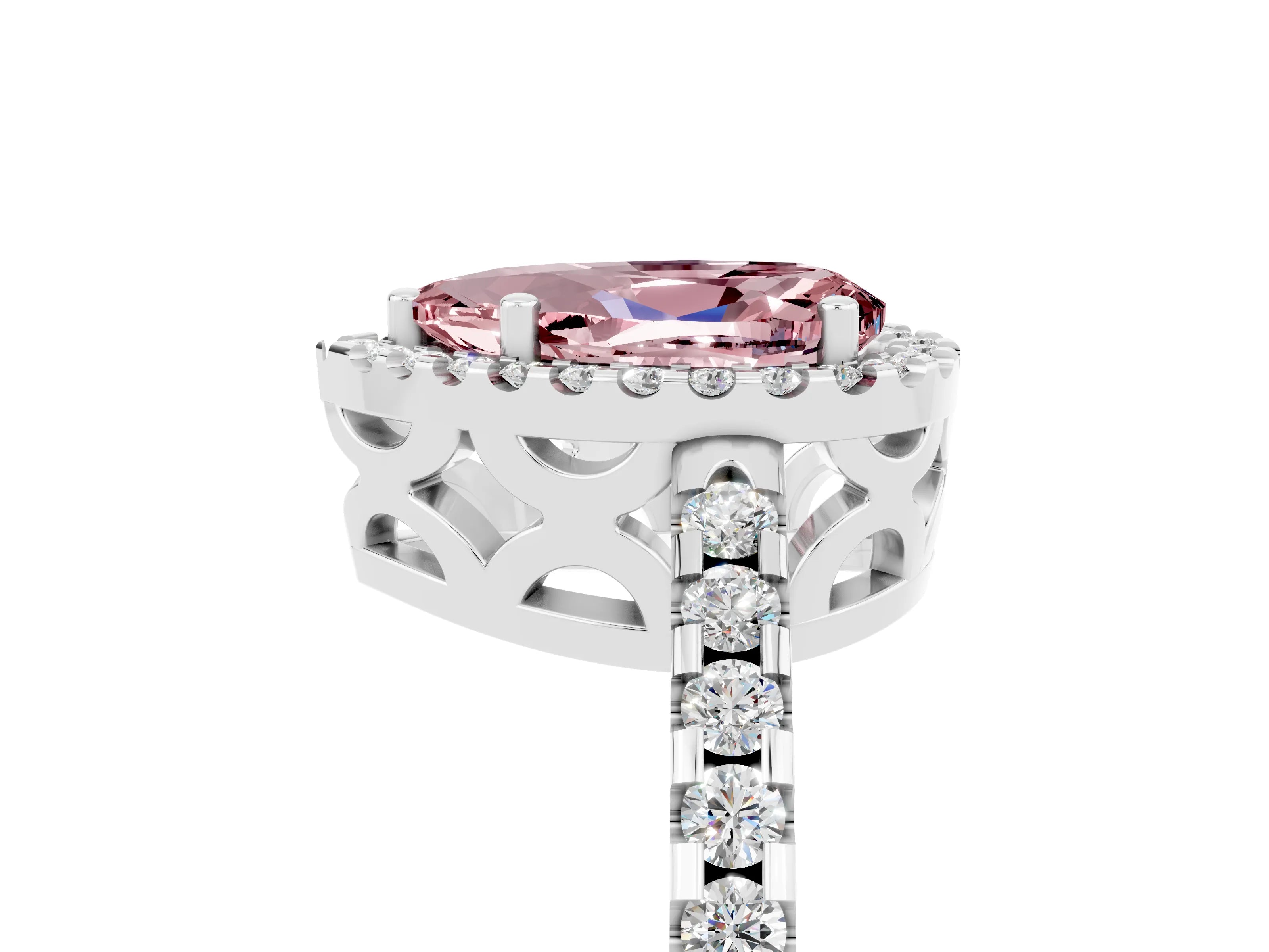 White gold Pear Cut Morganite Halo Engagement Ring with Pavé Band and Prong Setting_17
