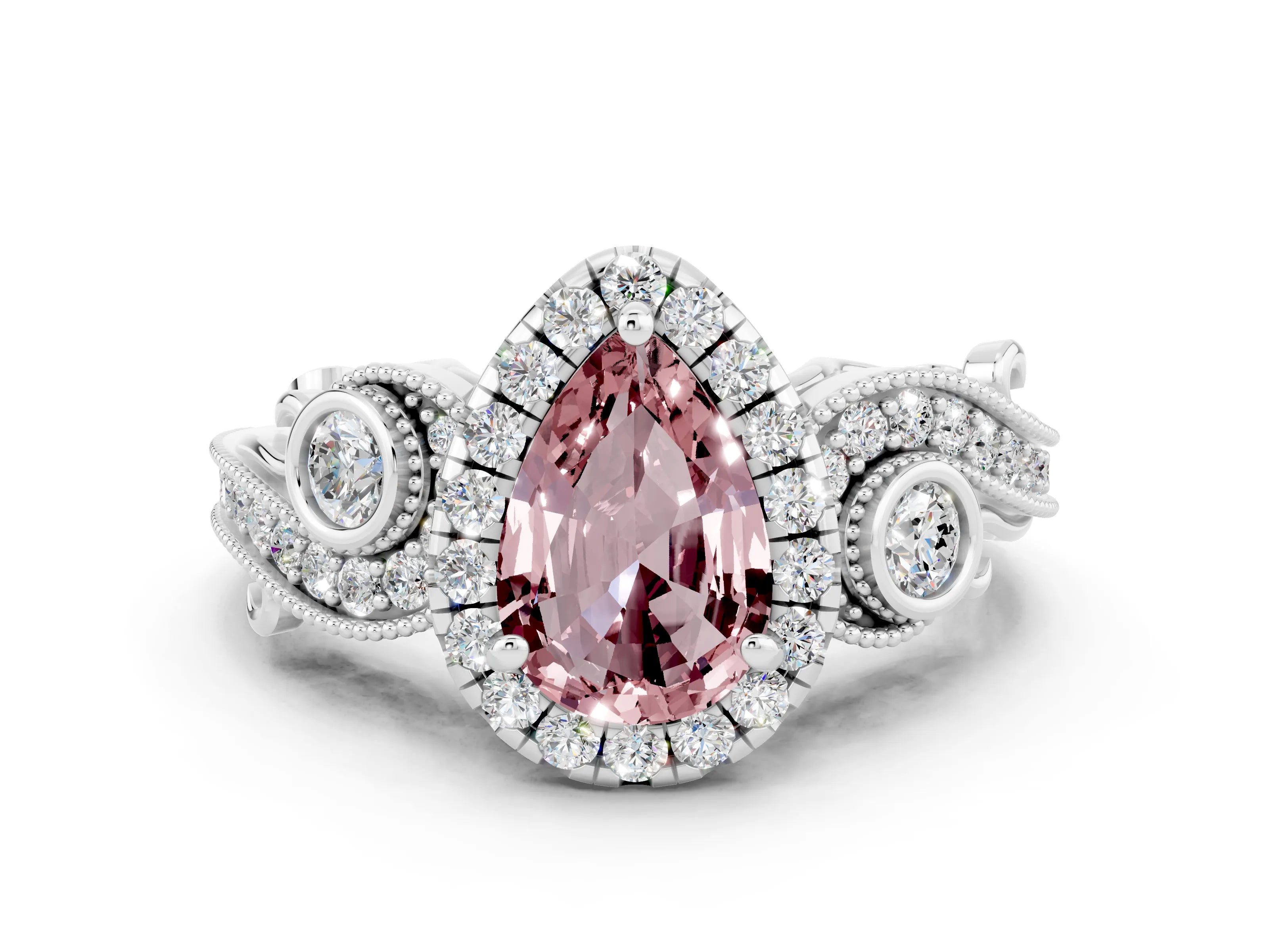 White gold Pear Cut Morganite Halo Ring with Milgrain Pavé Band and Four-Prong Setting_12