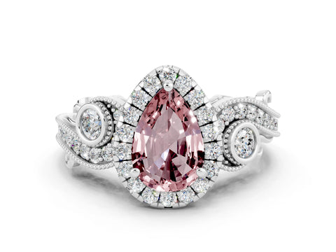 White gold Pear Cut Morganite Halo Ring with Milgrain Pavé Band and Four-Prong Setting_12