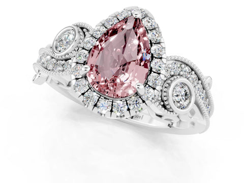 White gold Pear Cut Morganite Halo Ring with Milgrain Pavé Band and Four-Prong Setting_13