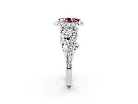 White gold Pear Cut Morganite Halo Ring with Milgrain Pavé Band and Four-Prong Setting_14