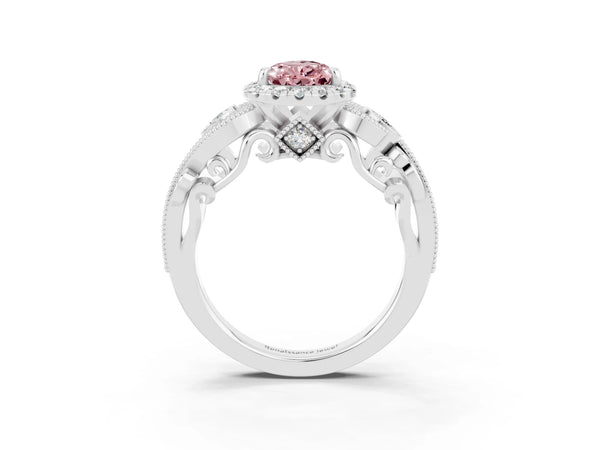 Platinum Pear Cut Morganite Halo Ring with Milgrain Pavé Band and Four-Prong Setting
