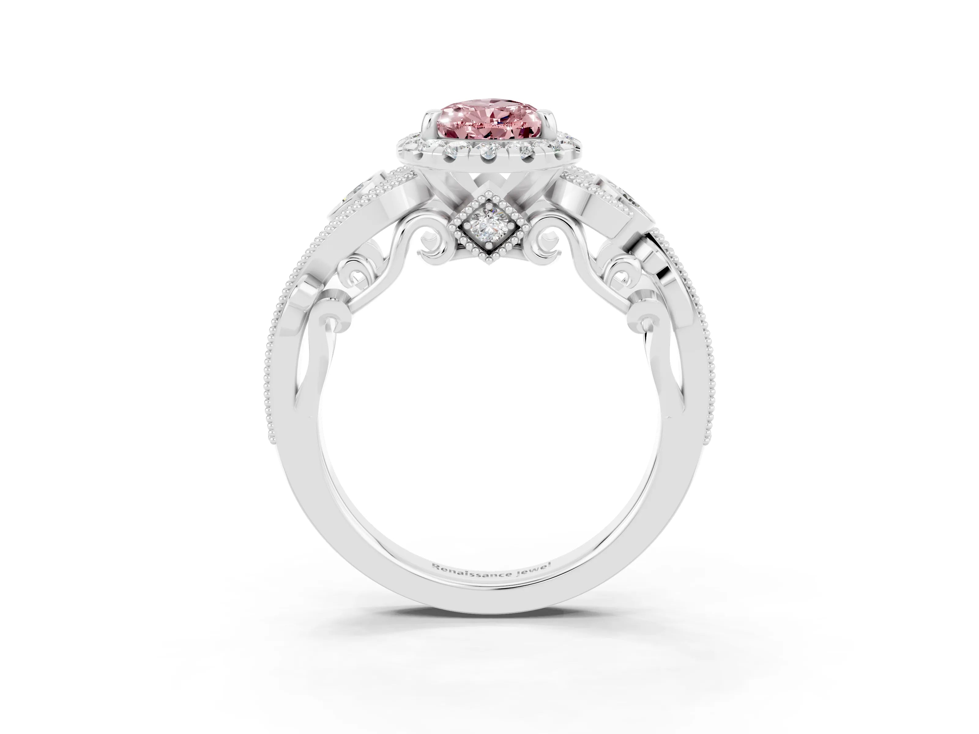 White gold Pear Cut Morganite Halo Ring with Milgrain Pavé Band and Four-Prong Setting_15