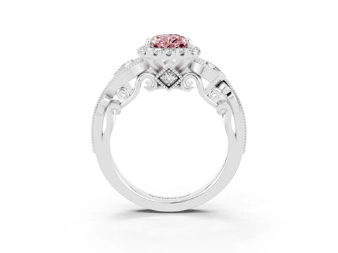 White gold Pear Cut Morganite Halo Ring with Milgrain Pavé Band and Four-Prong Setting_15