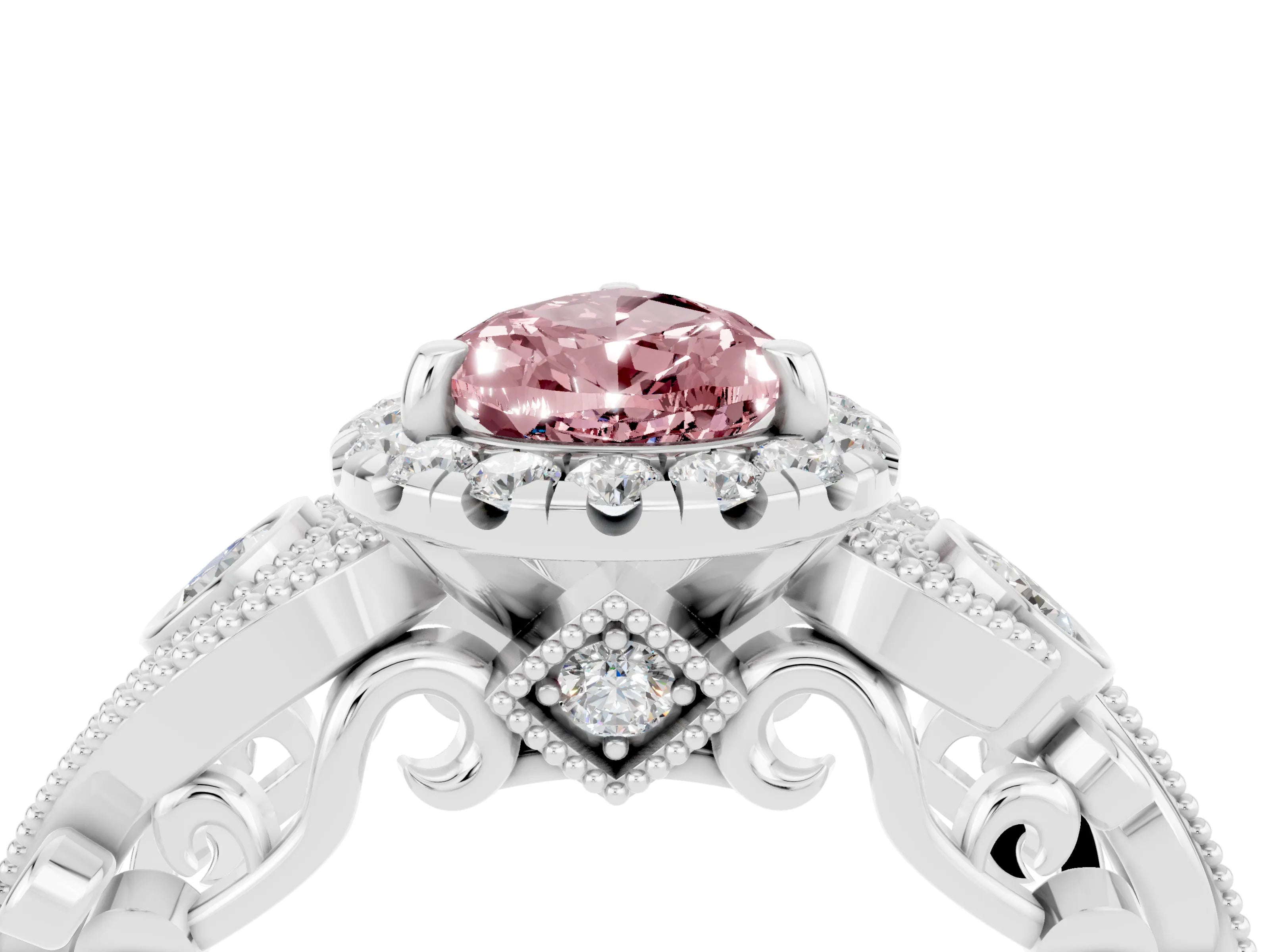 White gold Pear Cut Morganite Halo Ring with Milgrain Pavé Band and Four-Prong Setting_16